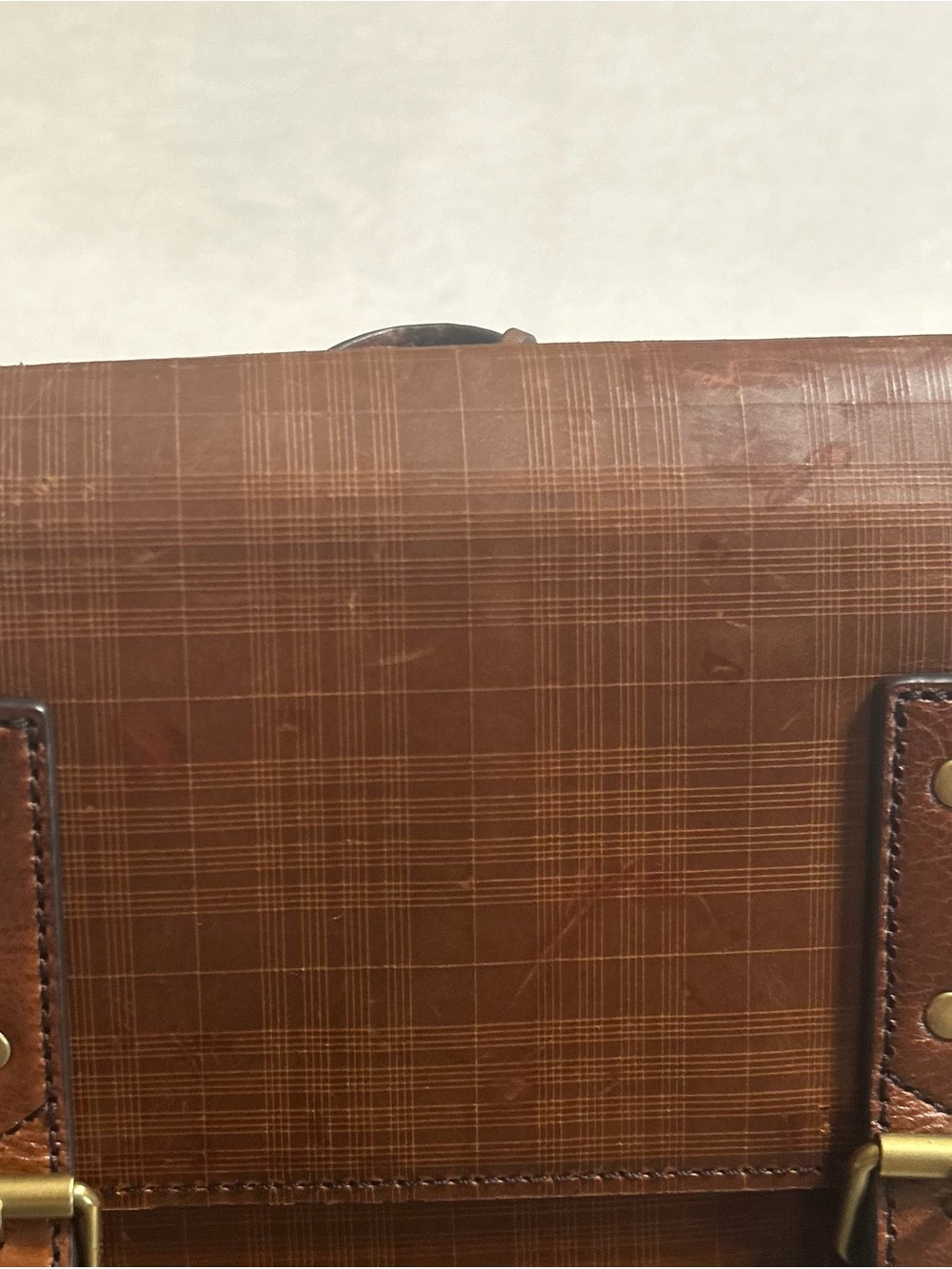 Fossil Brown Plaid Leather Backpack Vintage Style Buckle Bookbag - Picture 6 of 10